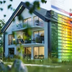 Futurystyczny budynek z wyświetloną przed nim piramidą energetyczną budynku - świadectwo charakterystyki energetycznej