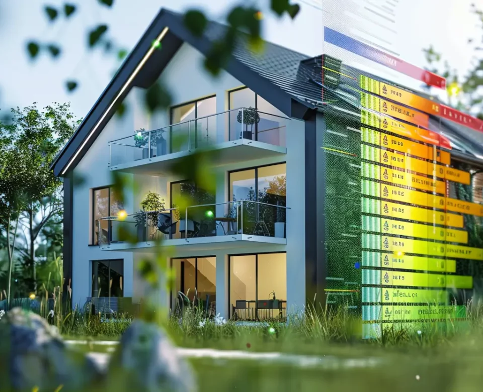 Futurystyczny budynek z wyświetloną przed nim piramidą energetyczną budynku - świadectwo charakterystyki energetycznej