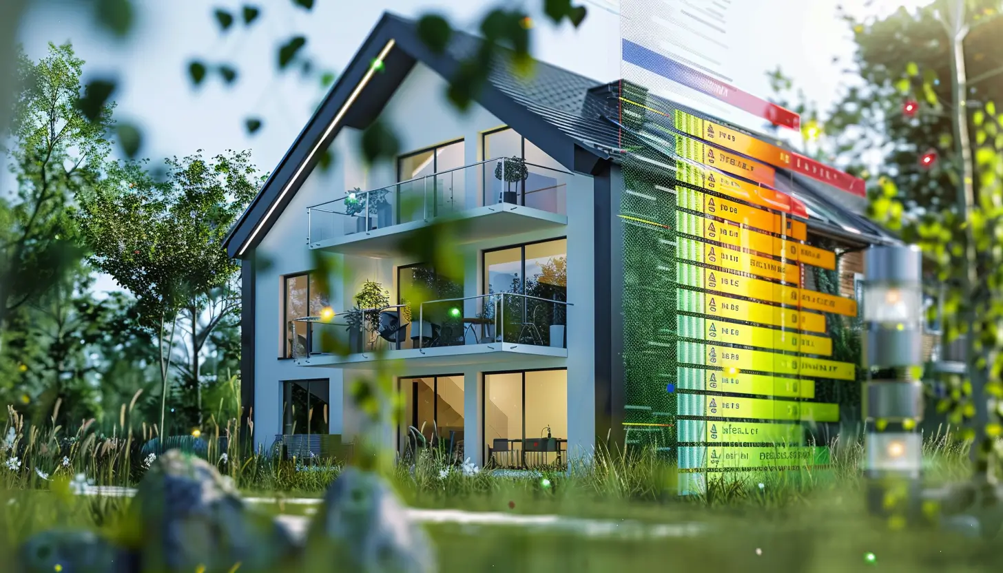 Futurystyczny budynek z wyświetloną przed nim piramidą energetyczną budynku - świadectwo charakterystyki energetycznej