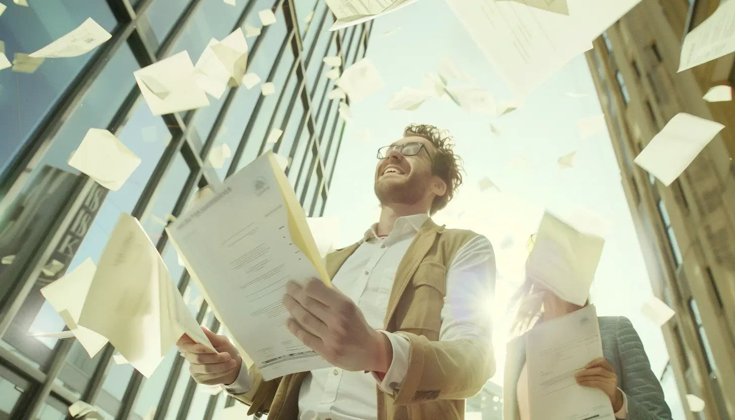 Szczęśliwi ludzie po uzyskaniu certyfikatu energetycznego budynku, dookoła w powietrzu latają świadectwa energetyczne