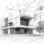 Zaawansowany rysunek wykonany przez architekta przedstawiający projekt dużego budynku mieszkalnego z geometrycznymi kształtami dookoła