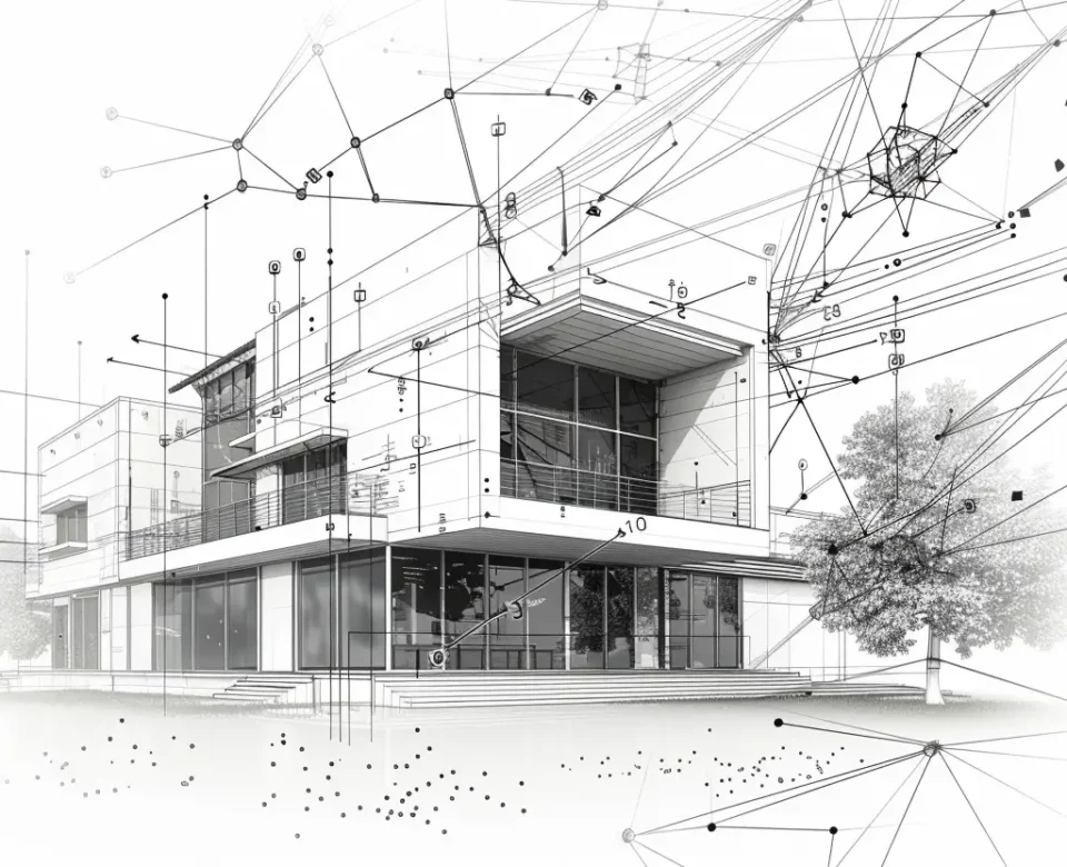 Zaawansowany rysunek wykonany przez architekta przedstawiający projekt dużego budynku mieszkalnego z geometrycznymi kształtami dookoła