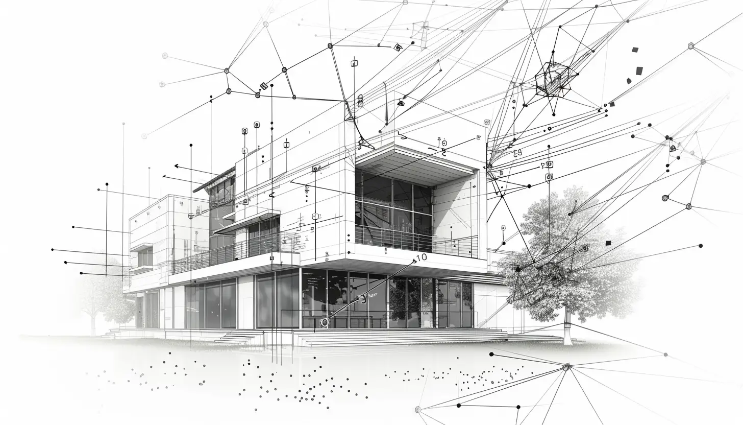 Zaawansowany rysunek wykonany przez architekta przedstawiający projekt dużego budynku mieszkalnego z geometrycznymi kształtami dookoła