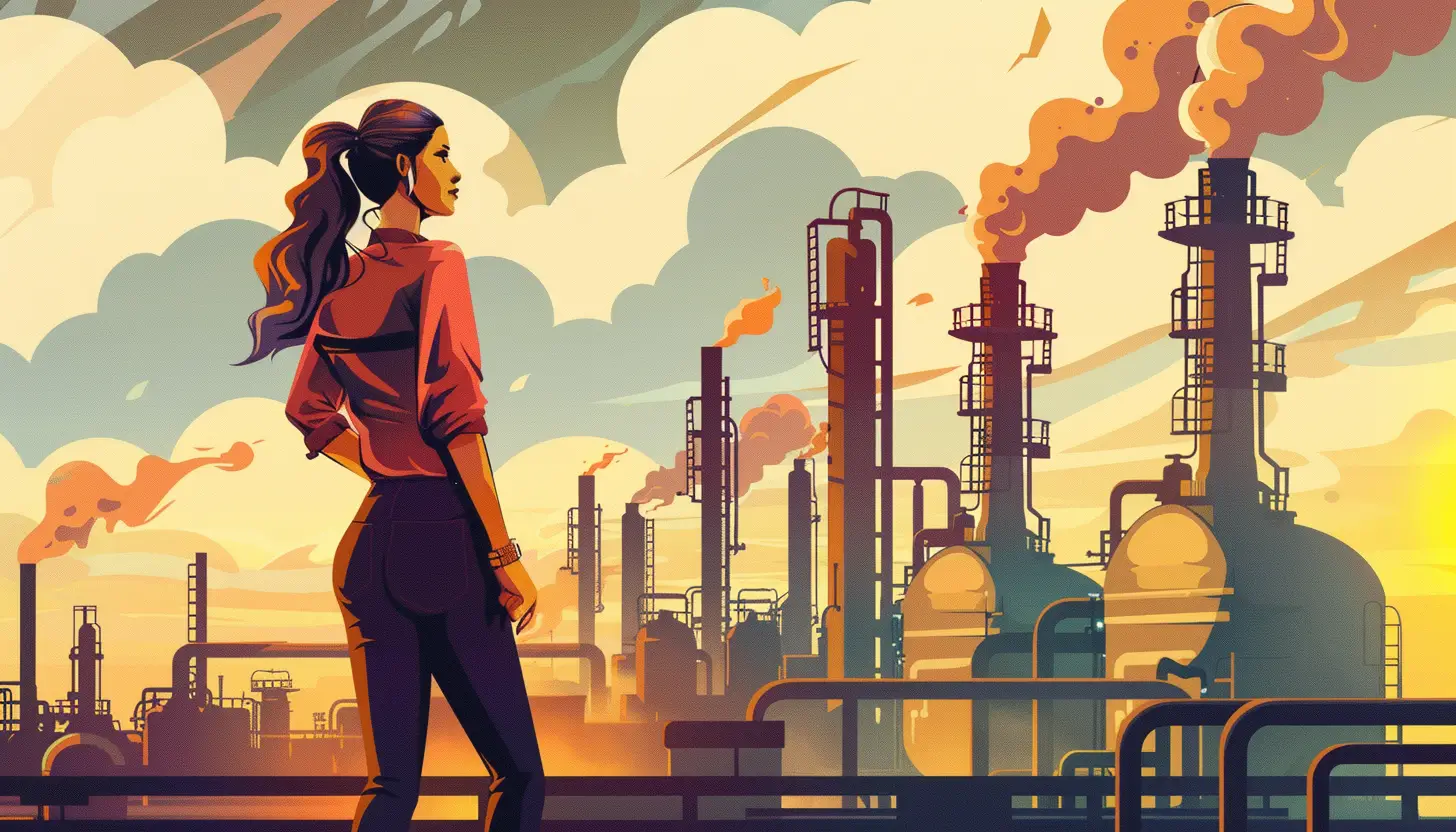 Kobieta inżynier patrząca z dumą na wielką fabrykę z dymiącymi kominami