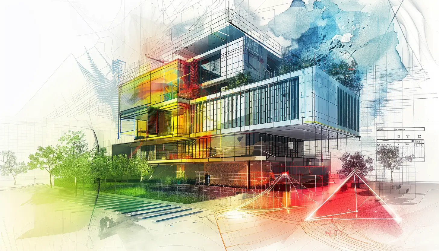 Niesamowity projekt architekta budynków, przedstawiający duży budynek pokolorowany na wiele kolorów symbolizując efektywność energetyczną i certyfikat energetyczny