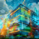 Futurystyczny budynek przemysłowy, przeszklony biurowiec z niesamowitymi liniami i kolorami dorysowanymi wokół niego