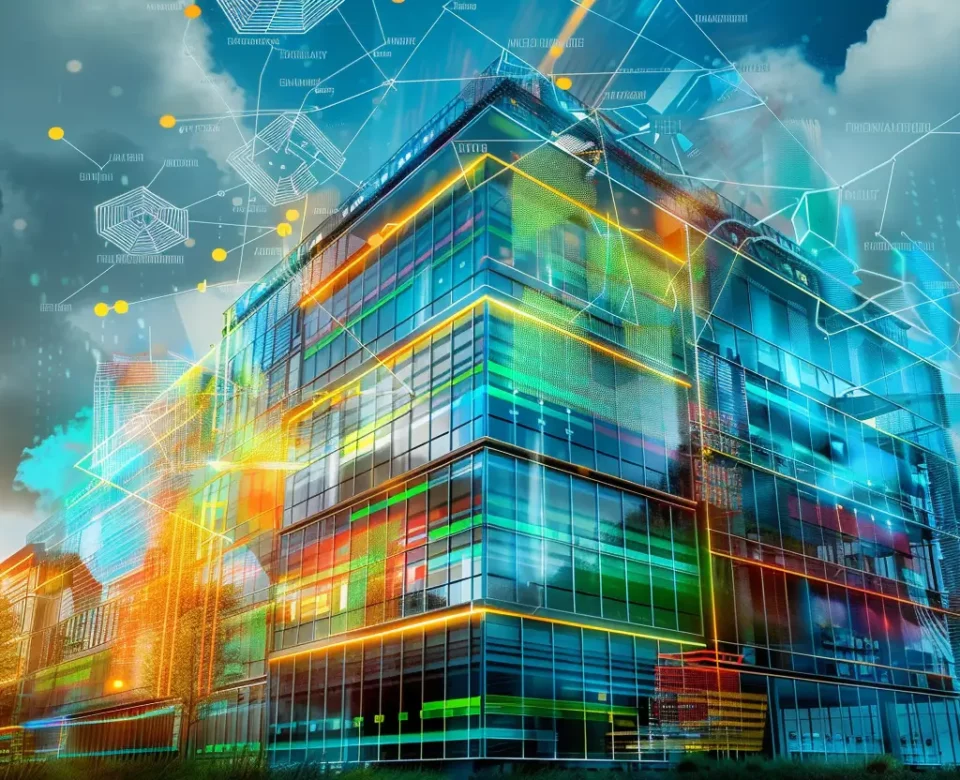 Futurystyczny budynek przemysłowy, przeszklony biurowiec z niesamowitymi liniami i kolorami dorysowanymi wokół niego