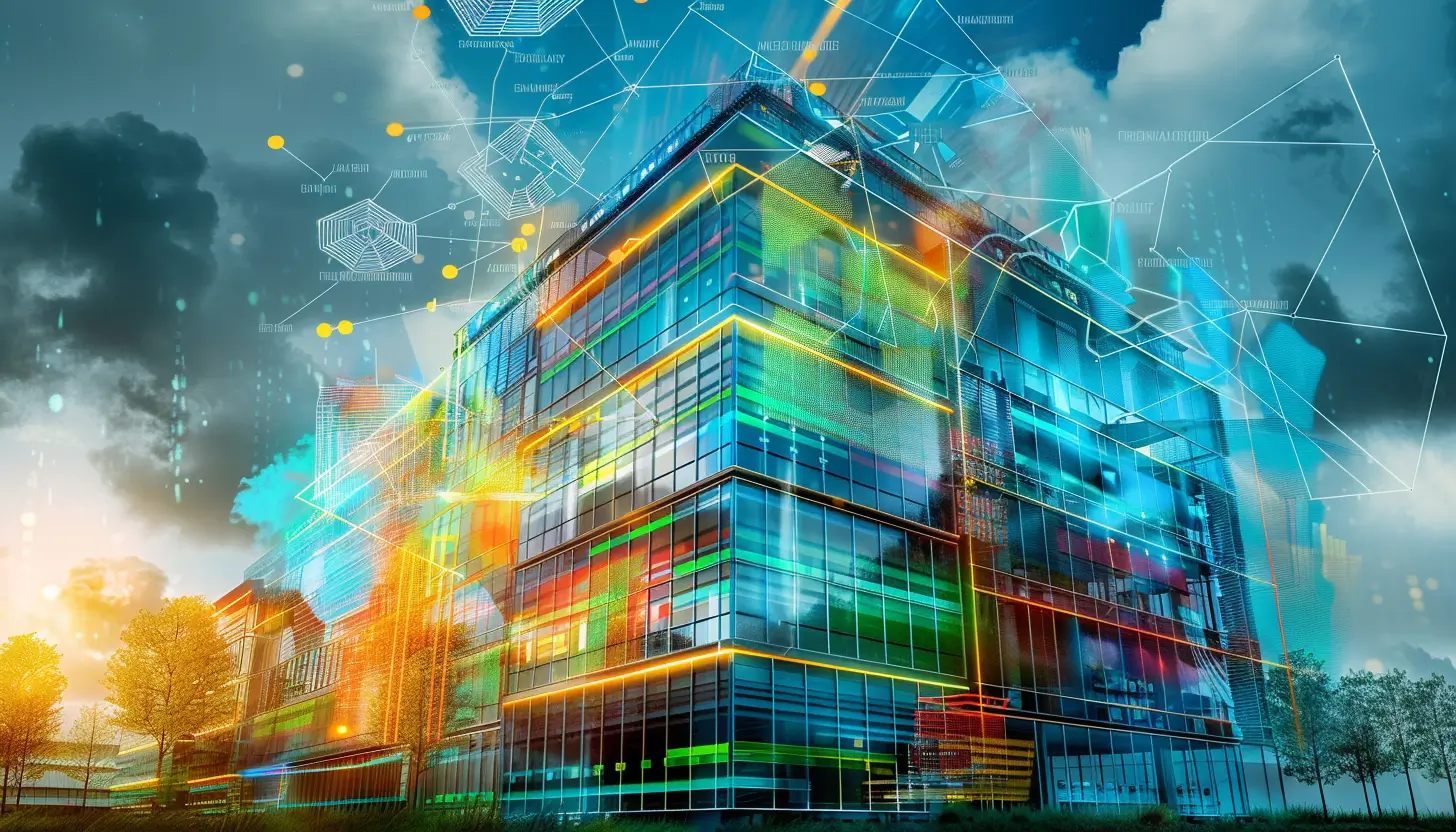 Futurystyczny budynek przemysłowy, przeszklony biurowiec z niesamowitymi liniami i kolorami dorysowanymi wokół niego