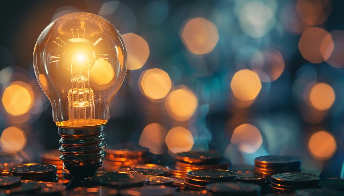 Świecąca się żarówka z nietypowym grotem, stojąca na stosie monet