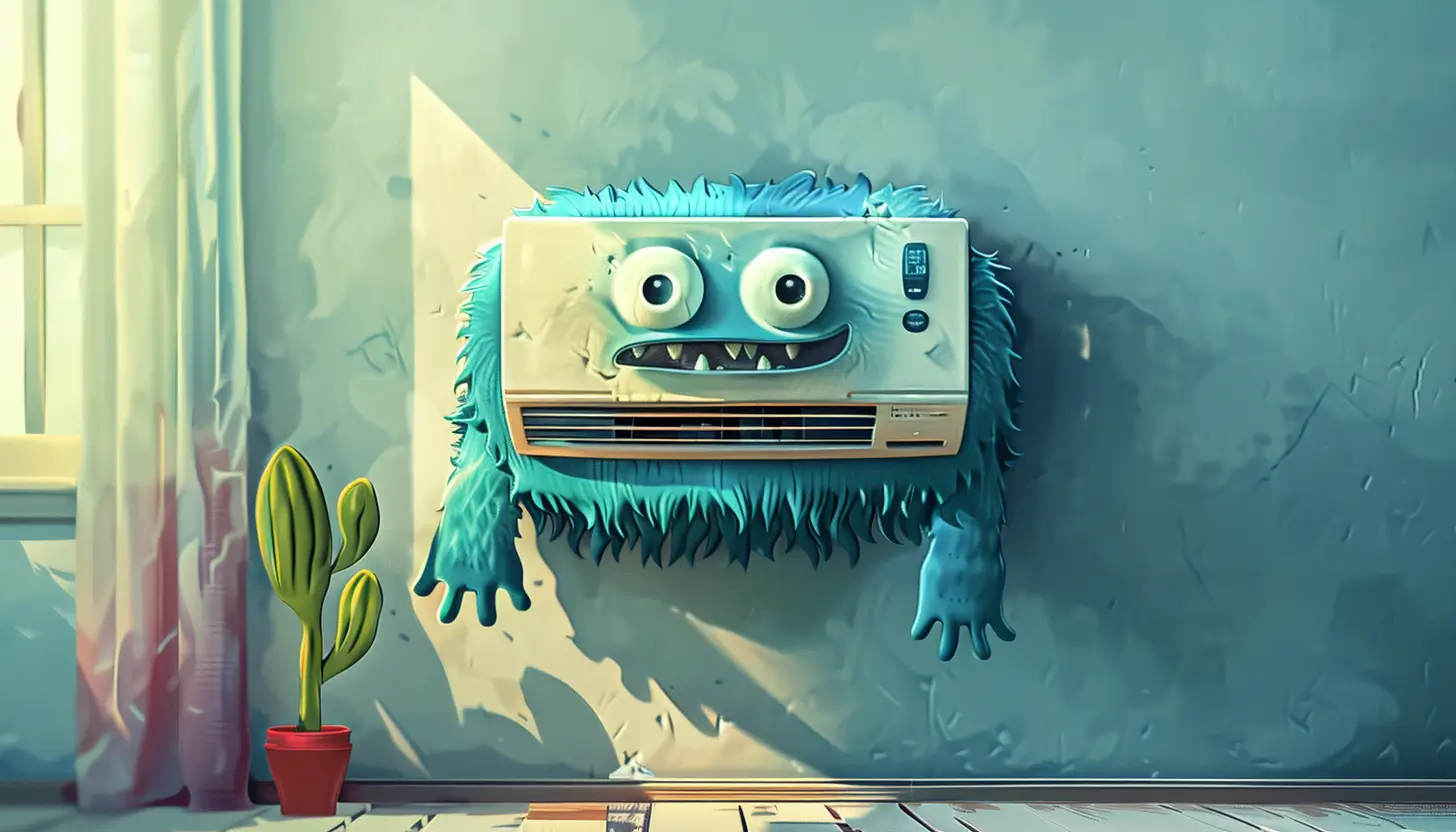 Klimatyzator przedstawiony jako ucieszony potworek, futrzasty, niebieski, z wielkimi łapkami, zużywający energię bierną indukcyjną z sieci