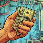 Sterta banknotów - dolarów - trzymana w ręce na tle urządzeń elektrycznych, symbolizują, ile płaci się kary za energię bierną