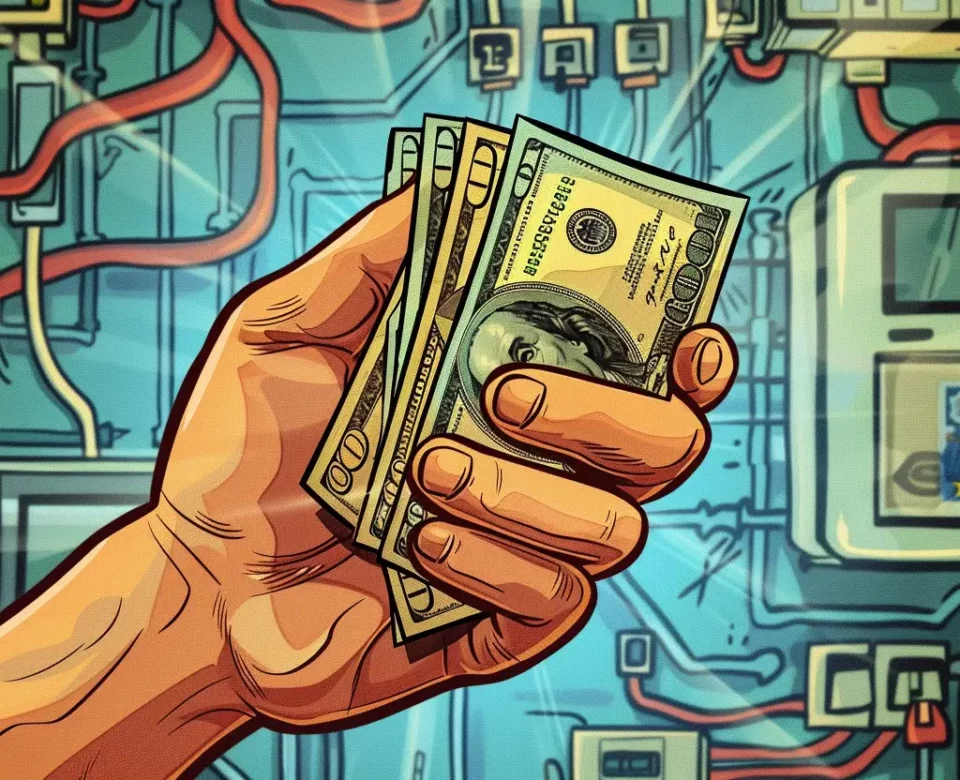 Sterta banknotów - dolarów - trzymana w ręce na tle urządzeń elektrycznych, symbolizują, ile płaci się kary za energię bierną