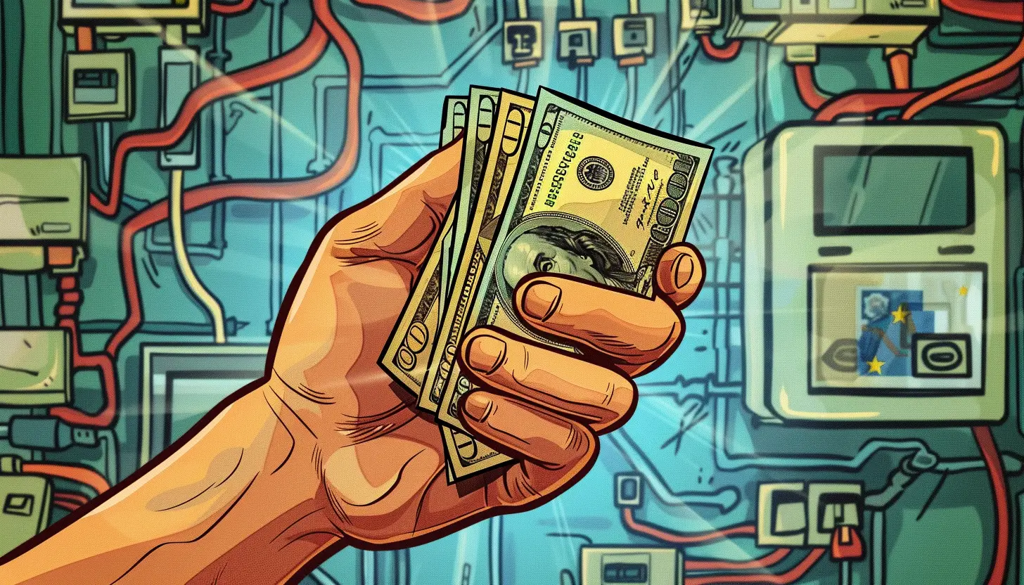 Sterta banknotów - dolarów - trzymana w ręce na tle urządzeń elektrycznych, symbolizują, ile płaci się kary za energię bierną