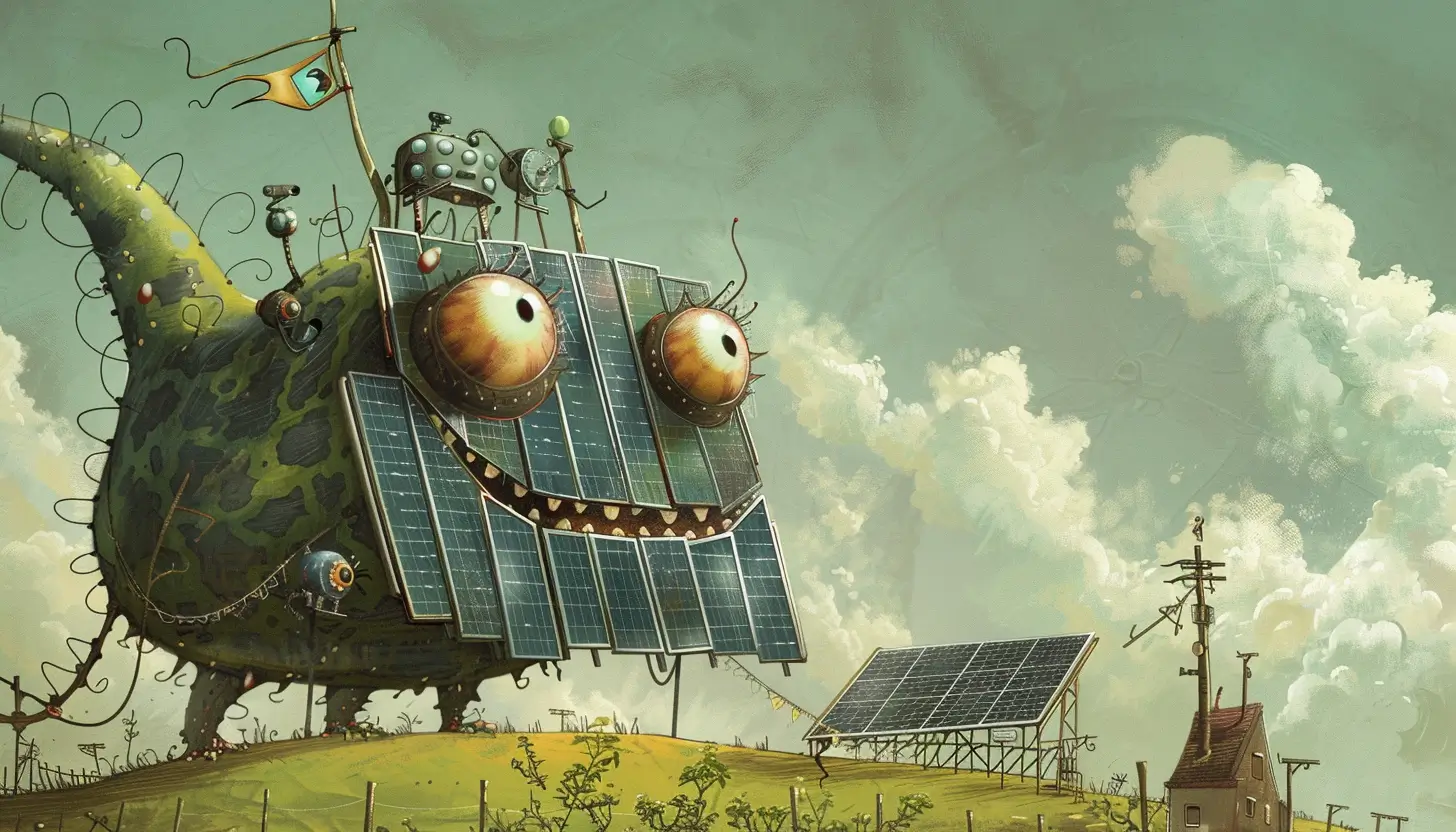 Zabawny panel fotowoltaiczny przedstawiony w formie ogromnego potworka przypominającego dinozaura