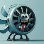 Wentylator przedstawiony na rysunku jako śmieszny, mały potworek z buzią, oczami i ustami, zużywający energię bierną indukcyjną z sieci