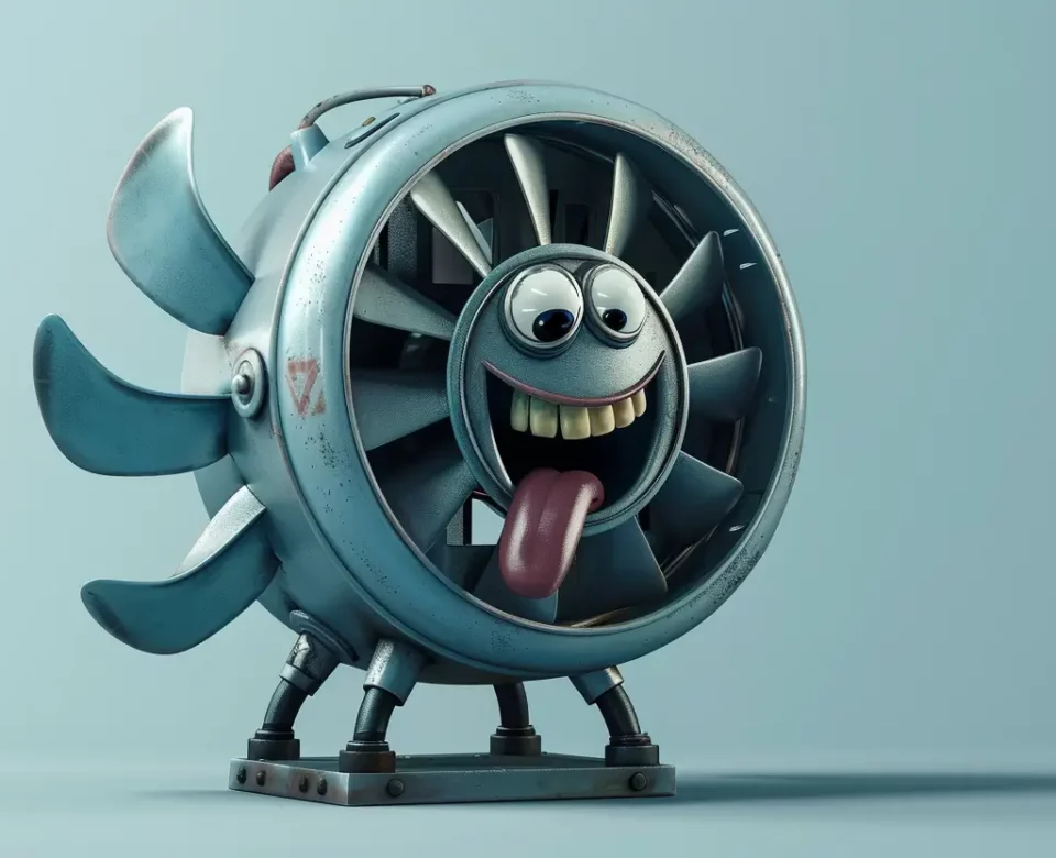 Wentylator przedstawiony na rysunku jako śmieszny, mały potworek z buzią, oczami i ustami, zużywający energię bierną indukcyjną z sieci