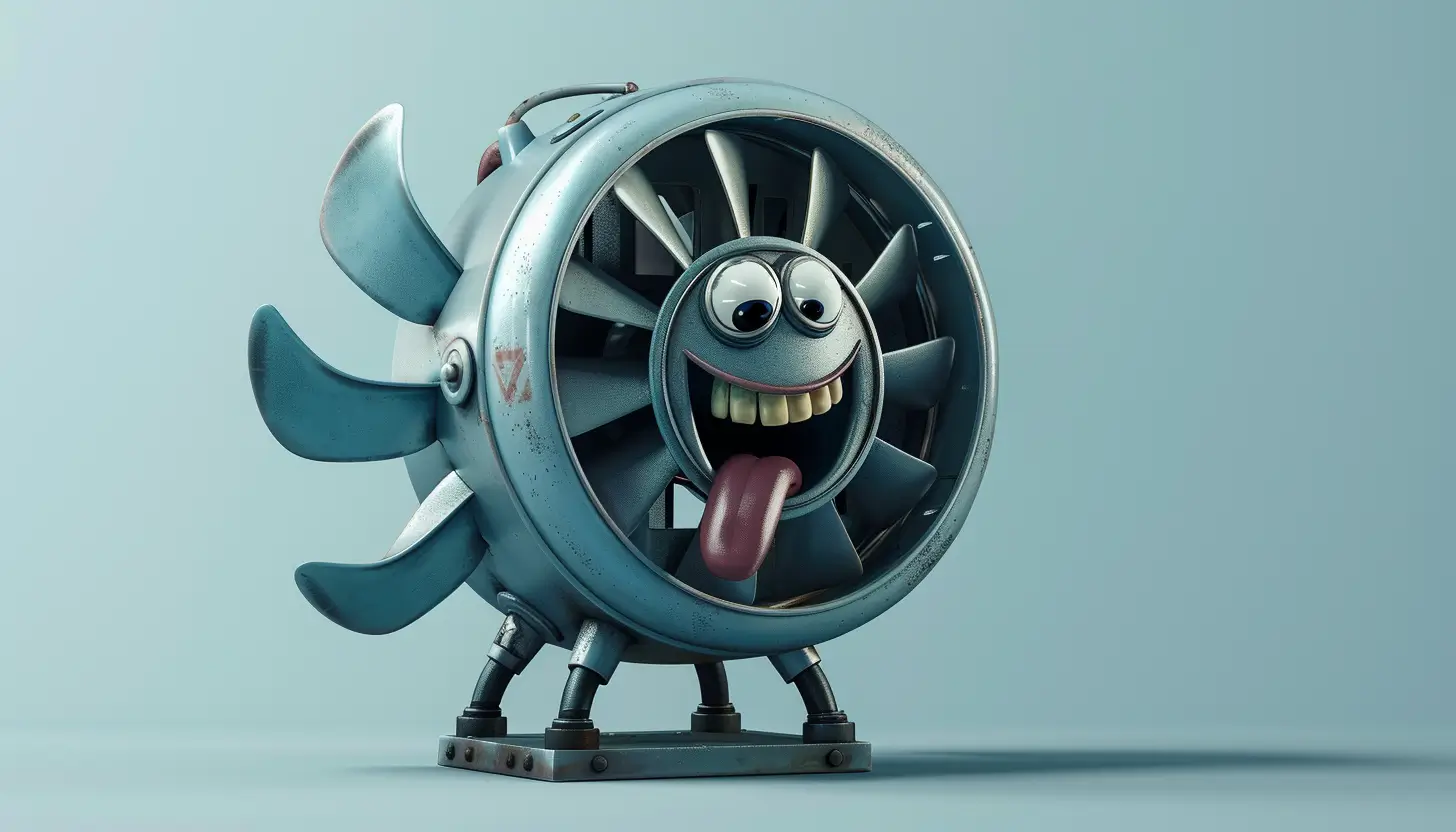 Wentylator przedstawiony na rysunku jako śmieszny, mały potworek z buzią, oczami i ustami, zużywający energię bierną indukcyjną z sieci