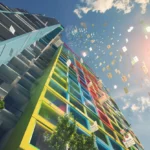 Wysoki blok mieszkalny pomalowany na kolory symbolizujące efektywność energetyczną budynku, w powietrzu latają bony energetyczne, dodatki energetyczne 2024, które złożyli wszyscy mieszkańcy