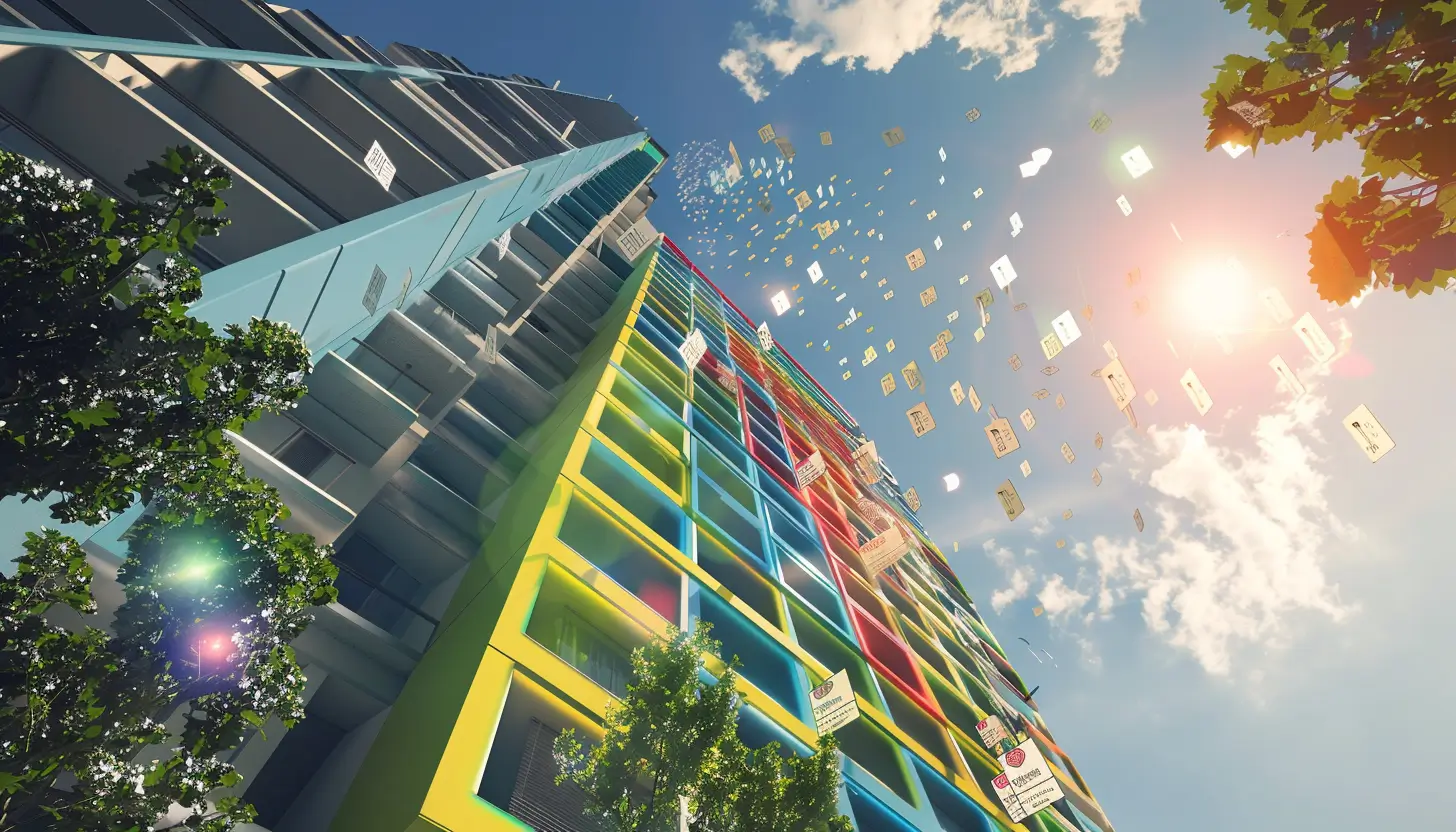 Wysoki blok mieszkalny pomalowany na kolory symbolizujące efektywność energetyczną budynku, w powietrzu latają bony energetyczne, dodatki energetyczne 2024, które złożyli wszyscy mieszkańcy