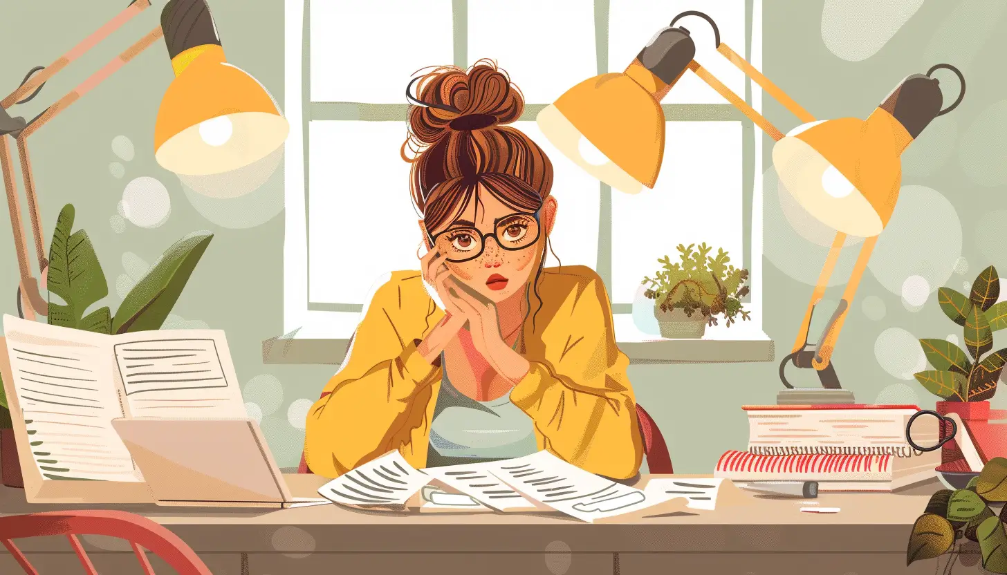 Zmartwiona kobieta siedząca przy biurku, bo nie dostała jeszcze bonu energetycznego 2024, składa wniosek o dodatek energetyczny 2024