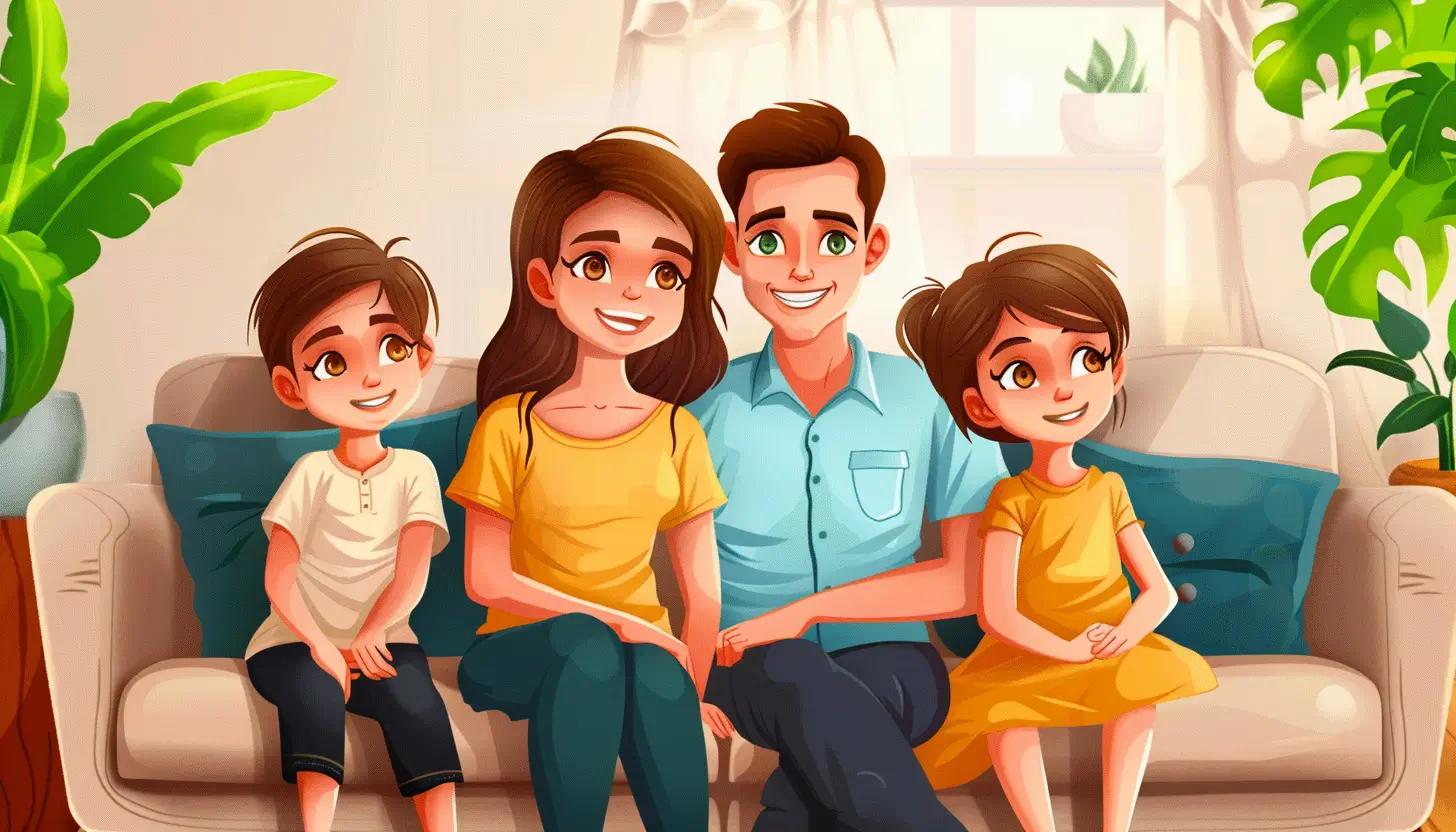 Szczęśliwa rodzina siedząca na kanapie, ponieważ dostali dofinansowanie w ramach bonu energetycznego 2024