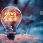 Świecąca się żarówka z drucikiem wolframowym ułożonym w napis "cena 2024", leży na śniegu