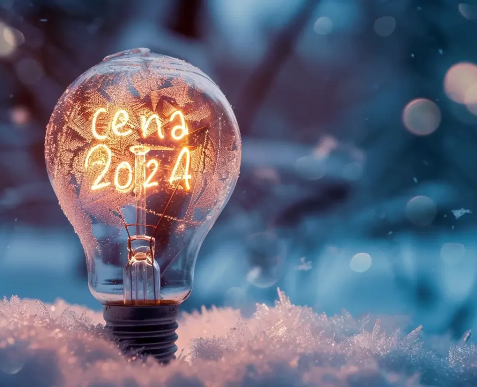 Świecąca się żarówka z drucikiem wolframowym ułożonym w napis "cena 2024", leży na śniegu