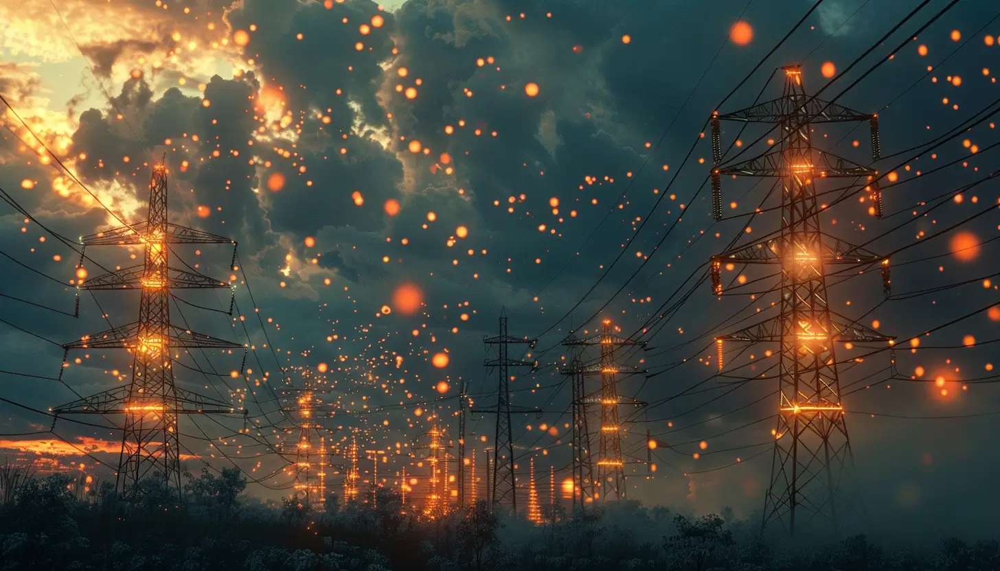 Abstrakcyjne linie energetyczne wysokiego napięcia prowadzące prąd do MSP, przez nie płynie prąd, którego cena została właśnie podniesiona