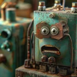 Zdziwiony, wręcz przerażony robot, śmieszny, zbudowany ze złomu i odpadków metalowych, dziwi się na ceny prądu po podwyżkach dla MSP