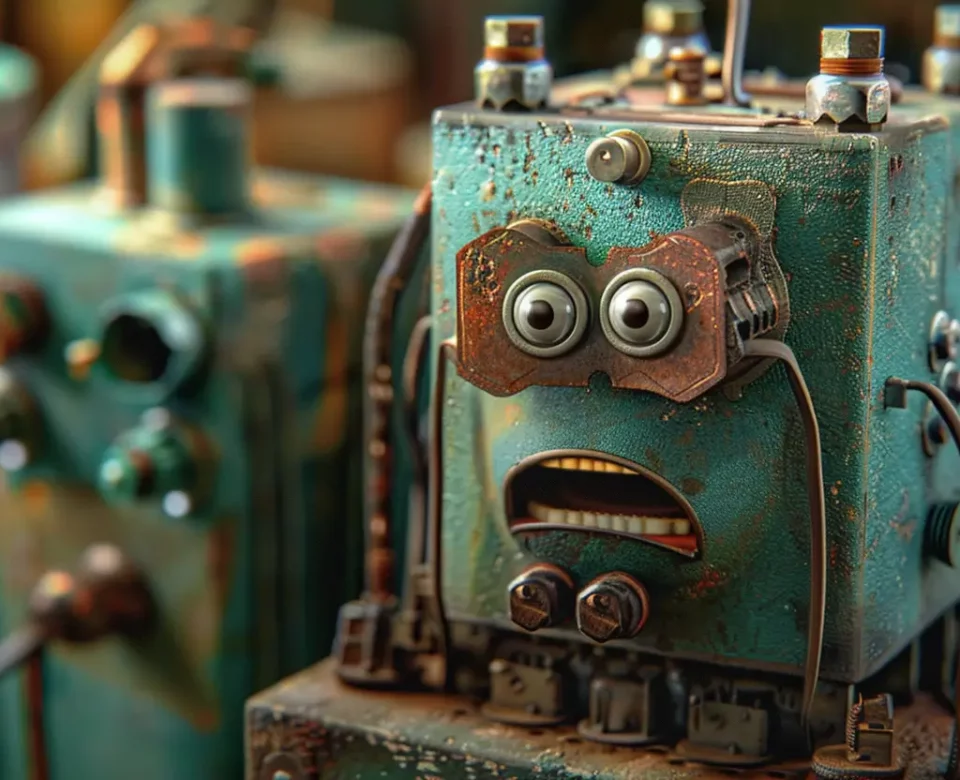 Zdziwiony, wręcz przerażony robot, śmieszny, zbudowany ze złomu i odpadków metalowych, dziwi się na ceny prądu po podwyżkach dla MSP