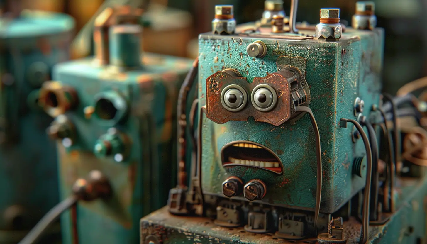 Zdziwiony, wręcz przerażony robot, śmieszny, zbudowany ze złomu i odpadków metalowych, dziwi się na ceny prądu po podwyżkach dla MSP