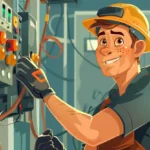 Elektryk pracujący przy instalacji elektrycznej, podłącza przewody elektryczne, optymalizacja mocy umownej i mocy przyłączeniowej