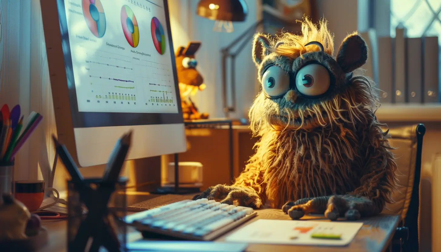 Śmieszny stworek siedzący przy komputerze i wybierający najlepszą moc umowną dzięki aplikacji od Innovation Energy