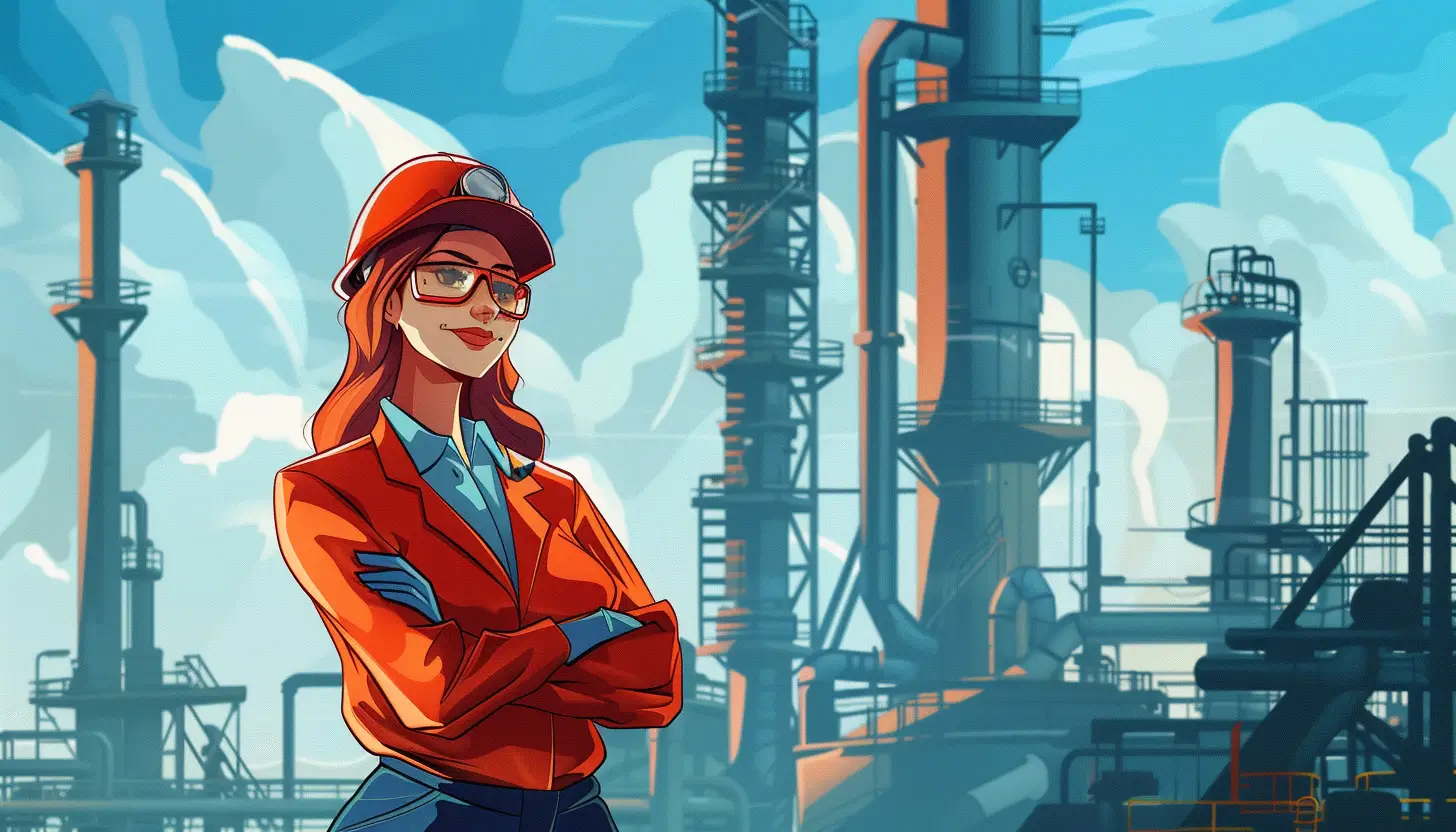 Kobieta inżynier stojąca na tle rafinerii paliwowej, zmniejszyła rachunki za prąd w swojej firmie o połowę dzięki Innovation Energy