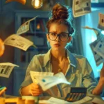 Zmartwiona kobieta siedząca przy biurku, dookoła latające rachunki za prąd