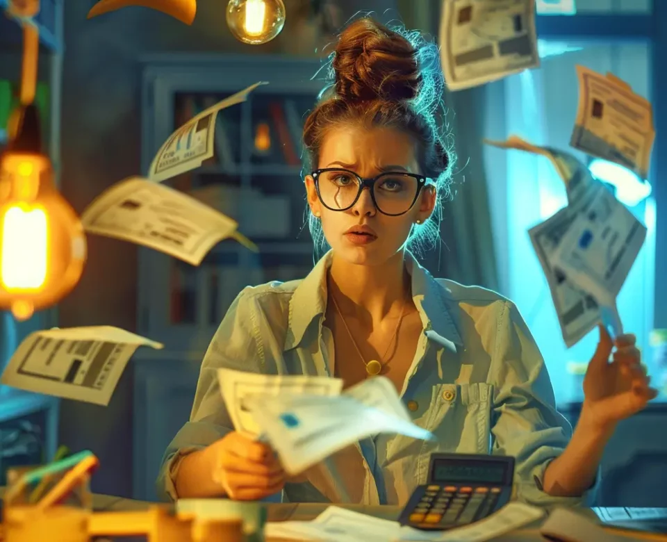 Zmartwiona kobieta siedząca przy biurku, dookoła latające rachunki za prąd