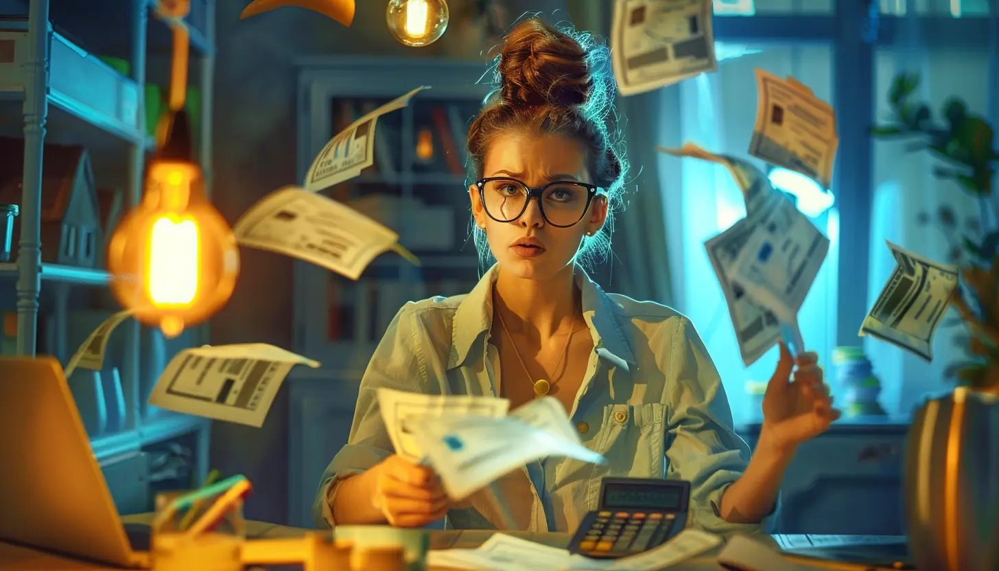 Zmartwiona kobieta siedząca przy biurku, dookoła latające rachunki za prąd