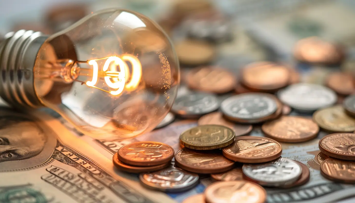 Świecąca się żarówka położona na warstwie monet i banknotów na stole