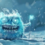 Zamrożony mały potworek, włochaty, niebieski, łączący dwa kable z prądem, wesoły, zamroził właśnie ceny prądy dla MSP w 2024 roku