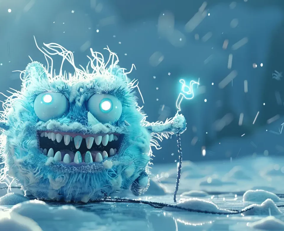 Zamrożony mały potworek, włochaty, niebieski, łączący dwa kable z prądem, wesoły, zamroził właśnie ceny prądy dla MSP w 2024 roku
