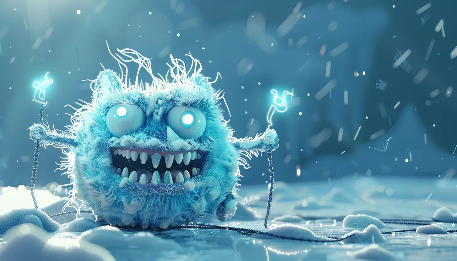 Zamrożony mały potworek, włochaty, niebieski, łączący dwa kable z prądem, wesoły, zamroził właśnie ceny prądy dla MSP w 2024 roku