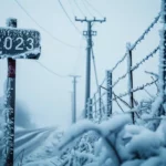 Zamrożony znak z napisem 2023, wszystko w tle zamrożone i pokryte śniegiem