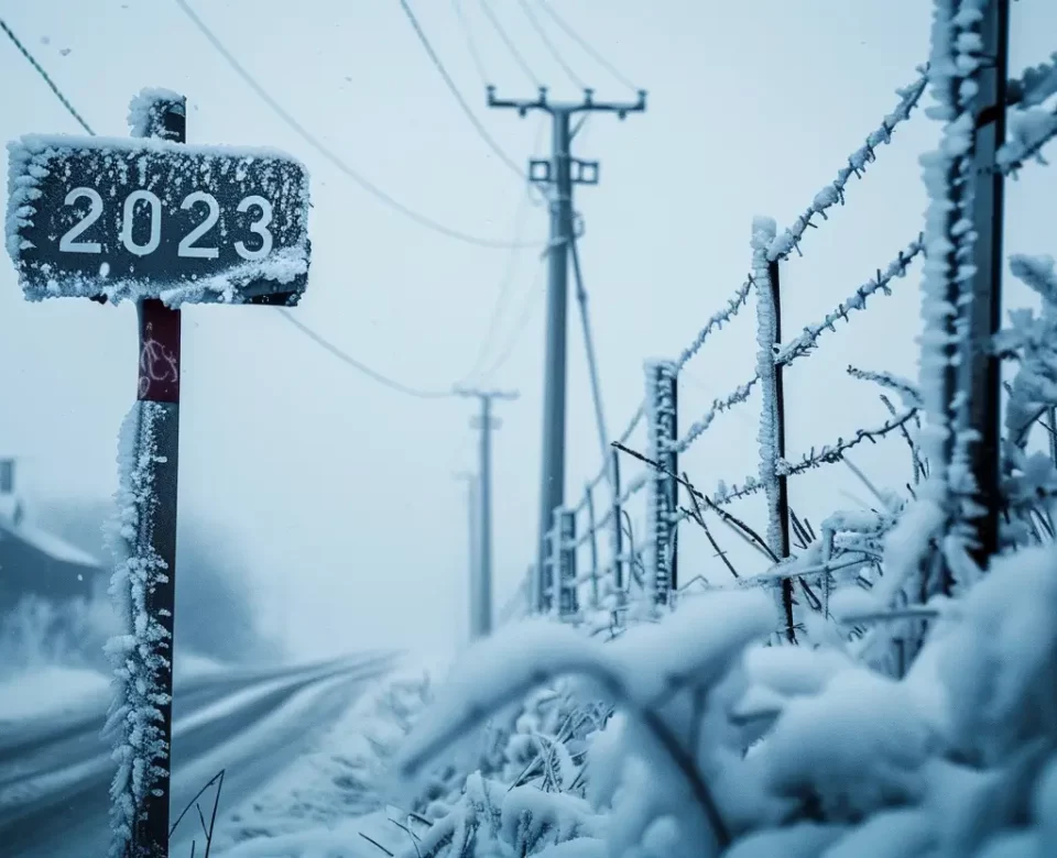 Zamrożony znak z napisem 2023, wszystko w tle zamrożone i pokryte śniegiem