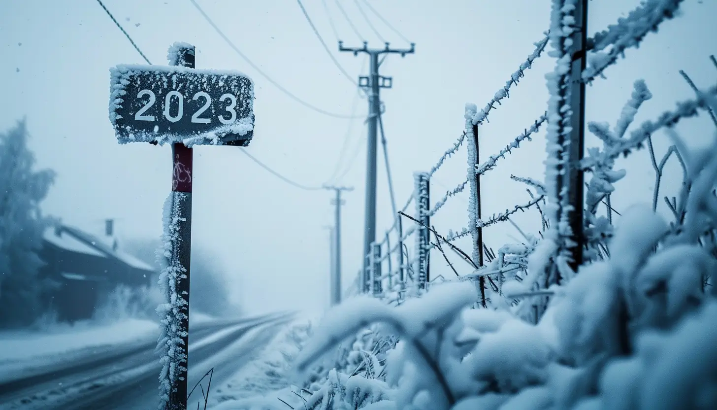 Zamrożony znak z napisem 2023, wszystko w tle zamrożone i pokryte śniegiem